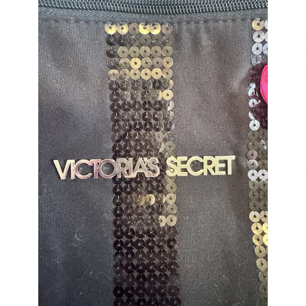 Victoria's Secret Black Hot Pink Sequin Tote Large Weekender Zip Shoulder Bag ~